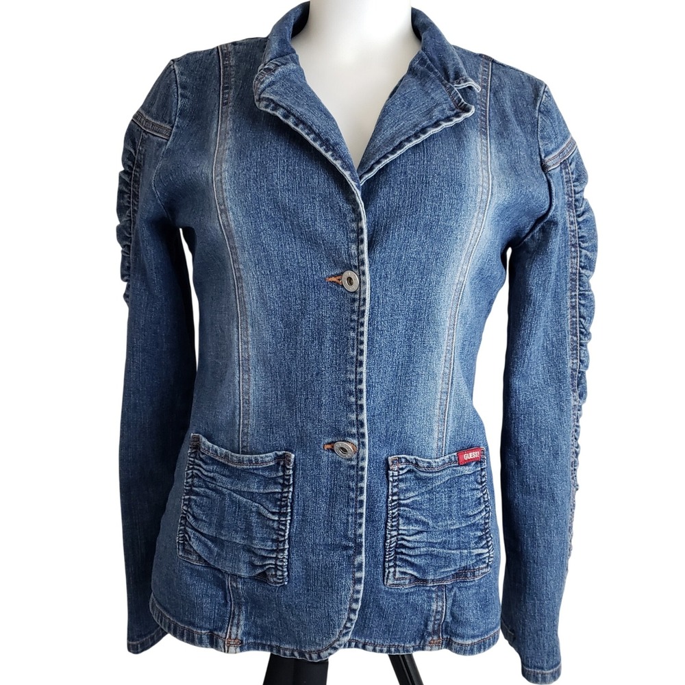 VTG‎ Guess Jeans Jacket Womens Blue Jean Ruched Sleeve Pockets Retro 90s Y2K